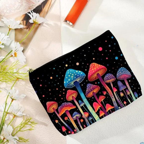 Cosmetic Bag Mushroom Makeup Clutch Zip Pouch Travel Hippie Boho Wonderland Trip - Picture 2 of 4